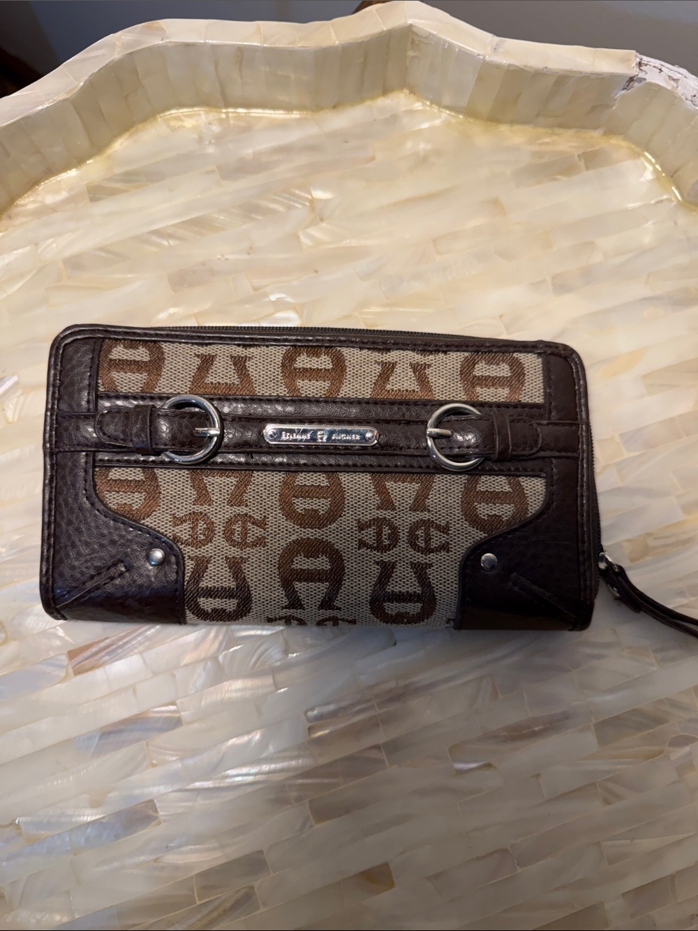 Etienne Aigner Brown and Beige Signature Zip Wallet